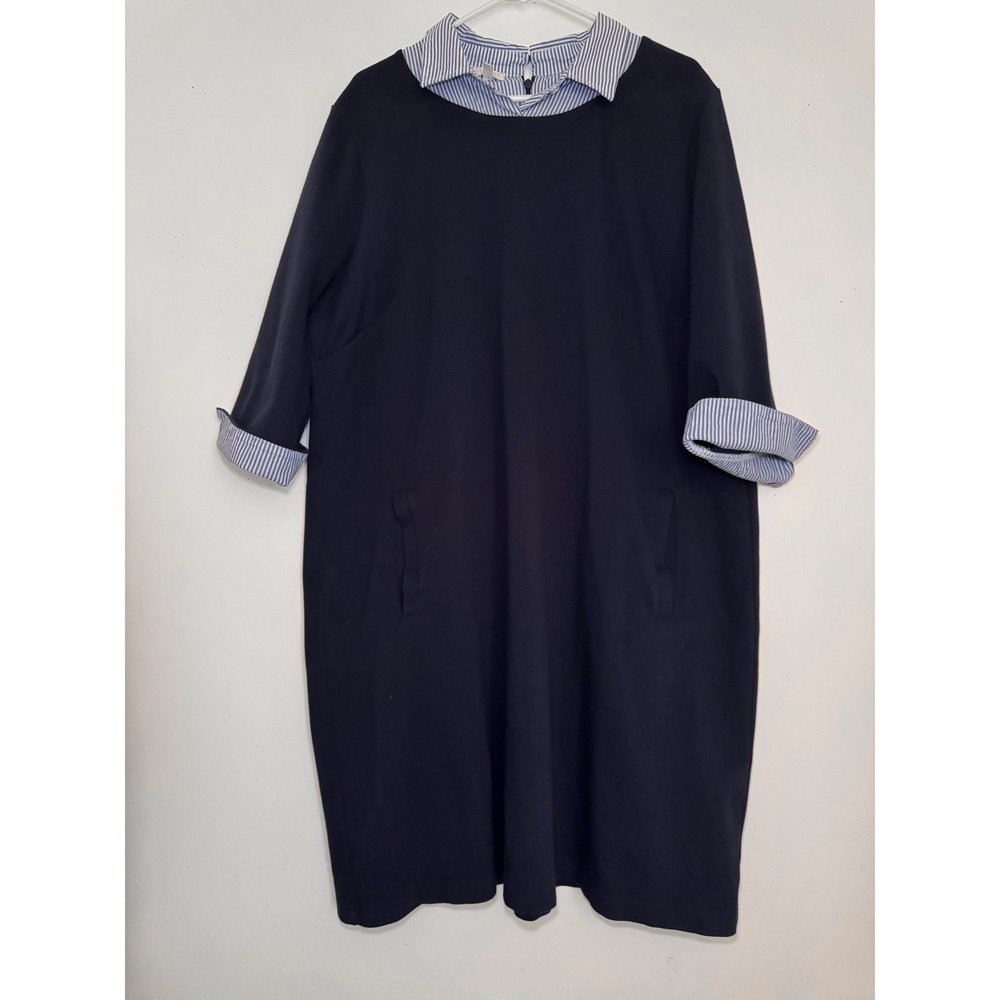 Talbots Navy Blue Layered Look Shift Dress Striped Collar Pockets 3X - Picture 1 of 6